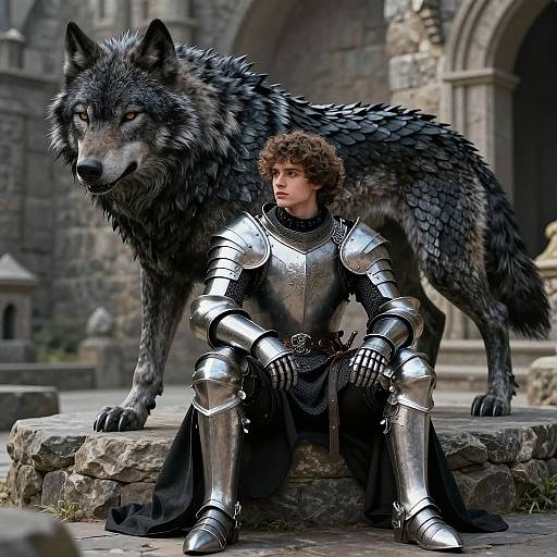 CGI medieval scene: Curly-haired knight in shiny silver armor sits on stone platform, large black wolf with piercing eyes stands beside him, stone castle