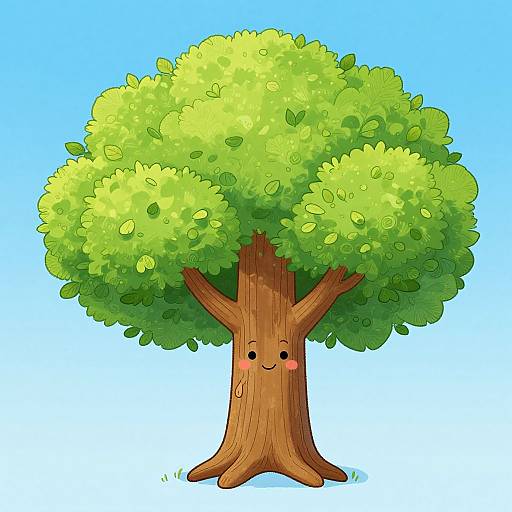 Cartoon-style digital drawing of a cheerful tree with a brown trunk, green leafy canopy, and cute black eyes and blushing cheeks, set against