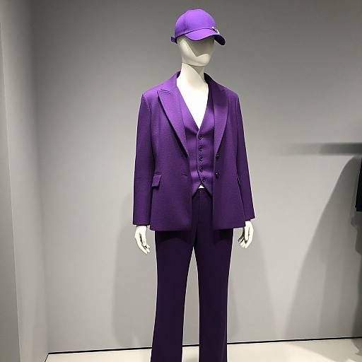 Photograph of a white mannequin wearing a purple three-piece suit with a matching cap, standing against a plain gray background.