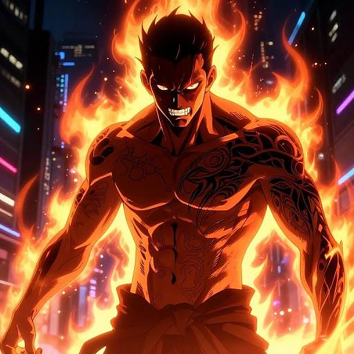 Muscular, tattooed man with glowing white eyes and fierce grin, engulfed in fiery flames, stands in a neon-lit cityscape. Digital