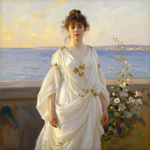 Photorealistic painting of a young woman with fair skin and dark hair in a white, gold-embellished ancient Greek-style dress, standing by