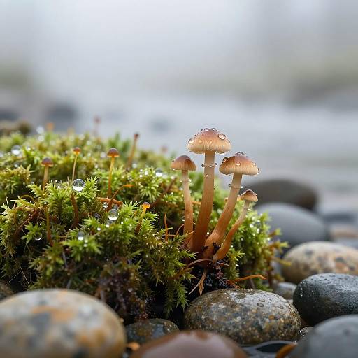 Dew-Covered Moss and Tiny Mushrooms on Pebbles