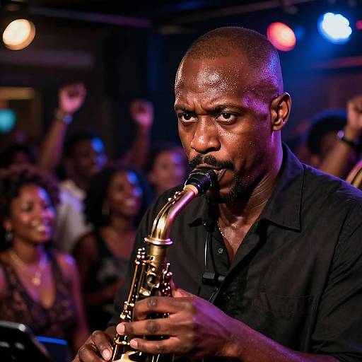 Photograph of a bald, Black man with a beard playing a saxophone on stage, wearing a black shirt, with a focused expression, and an