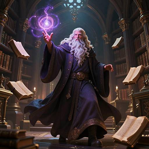 Magical wizard with long white beard, dark robe, conjures glowing purple magic in grand, dimly-lit library filled with open books.