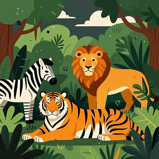 Digital illustration of a lush jungle scene with a standing lion, a lying tiger, and a zebra, surrounded by dense green foliage and trees under a