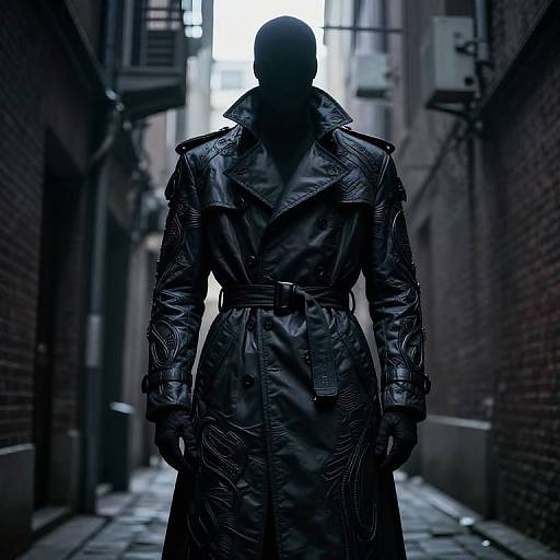 Photograph of a silhouetted figure in a black leather trench coat standing in a dimly lit, narrow urban alleyway.