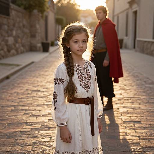 Photograph of a young girl with braided hair in a white embroidered dress, standing on a sunlit cobblestone street, with a man in