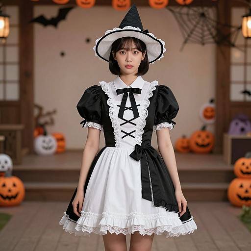 Asian woman in black-and-white witch costume with lace trim, white apron, black hat, standing in front of Halloween-decorated porch.
