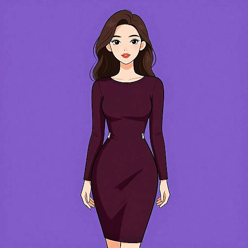 Digital anime-style drawing of a fair-skinned woman with long brown hair, wearing a form-fitting black long-sleeve dress, standing against a