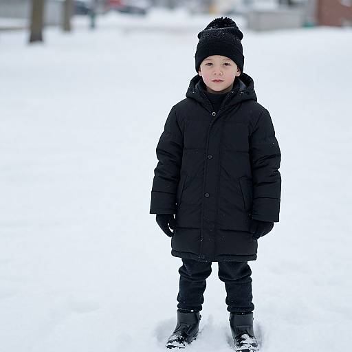 Photograph of a young child standing in snowy landscape, wearing black winter coat, hat, gloves, and boots, against a white, snowy background.