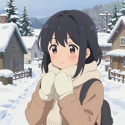 Anime-style digital drawing of a blushing, black-haired girl with brown eyes, wearing a beige coat, white scarf, and gloves, standing in a