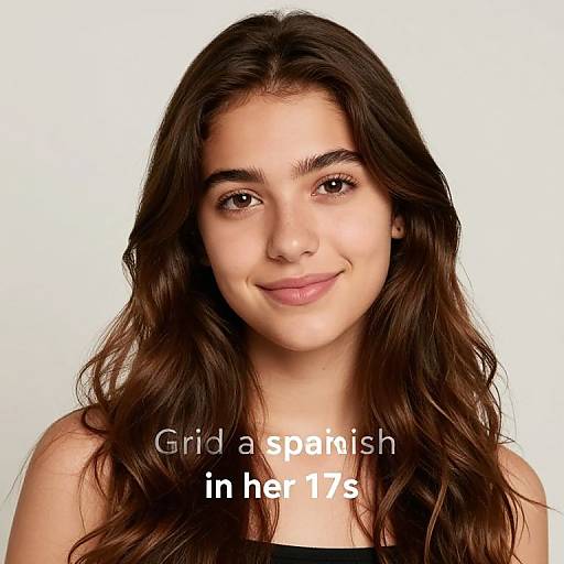 Photograph of a young woman with long, wavy brown hair and light skin, smiling softly. White background, text reads 
