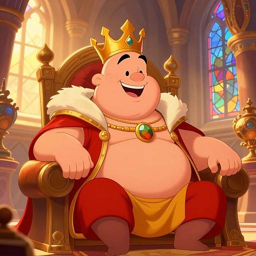 Cartoon king with a large belly, gold crown, red robe, and yellow loincloth, smiling on a grand throne in a sunlit,