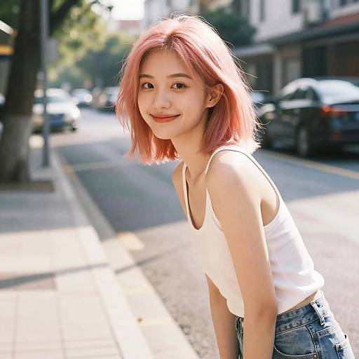 Photograph of a young Asian woman with pink shoulder-length hair, smiling in a white tank top and blue jeans on a sunlit urban street. Background