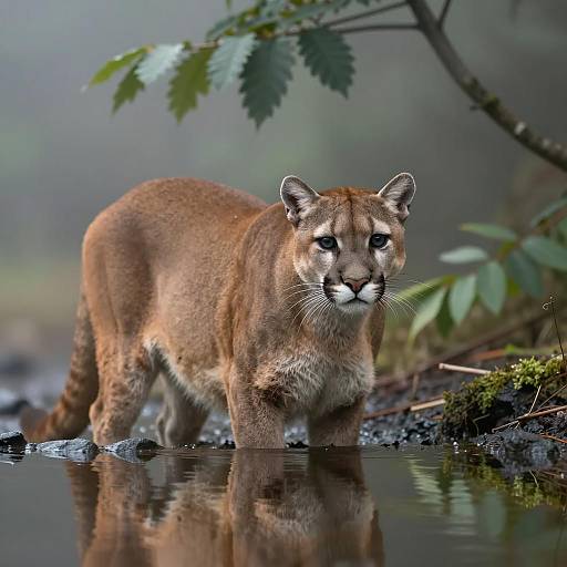 Cougar by Water Reflection in Forest