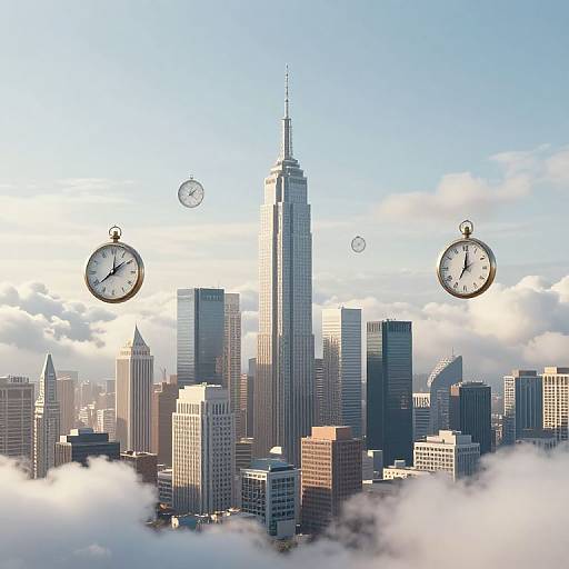 Photograph of a city skyline with the Empire State Building center, surrounded by clouds, featuring floating clock hands on both sides.
