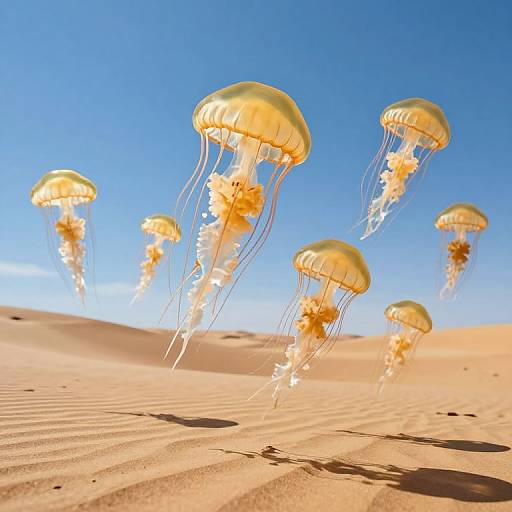 Photograph of vibrant yellow jellyfish floating above sandy dunes under a clear blue sky, with their translucent, flowing tentacles swaying gracefully.