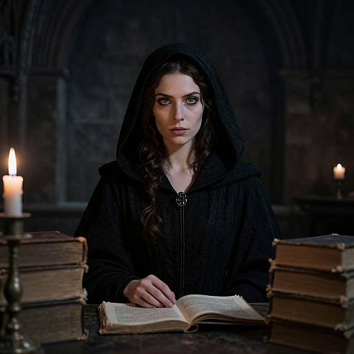 Photograph of a serious, dark-haired woman in a black hooded robe, reading a book in a dimly lit, stone-walled library with