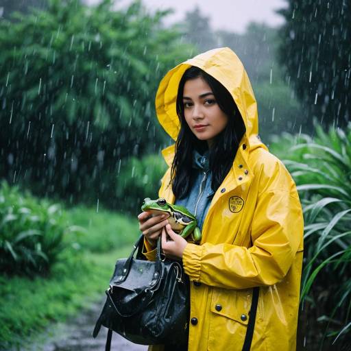 Woman in Yellow Raincoat Holding Frog in Rain