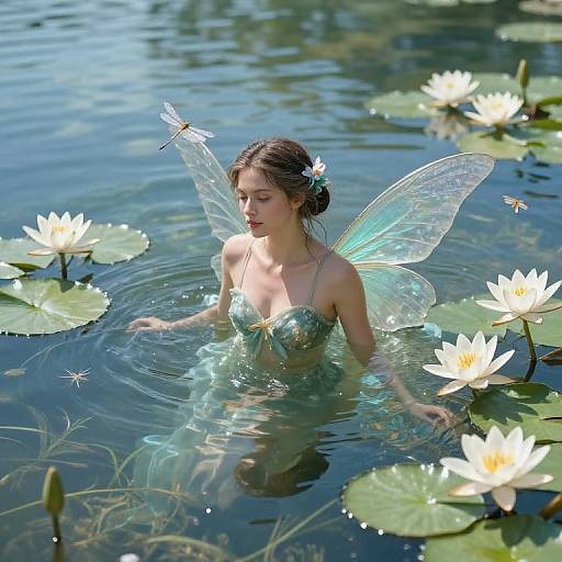 Photograph of a fairy with translucent wings and a green, strapless dress, floating in a serene pond with white water lilies and dragonflies.