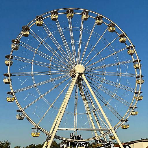 Photograph of a large, white Ferris wheel with yellow passenger gondolas against a clear, bright blue sky, taken at dusk.