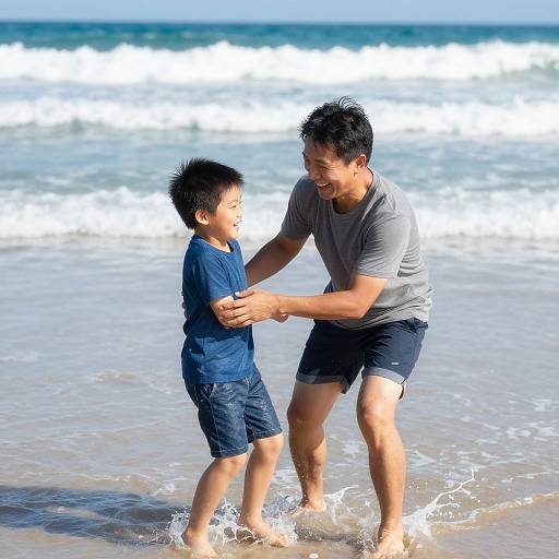 Photograph of an Asian man in a gray t-shirt and black shorts playfully holding hands with a young boy in a navy shirt and shorts at the