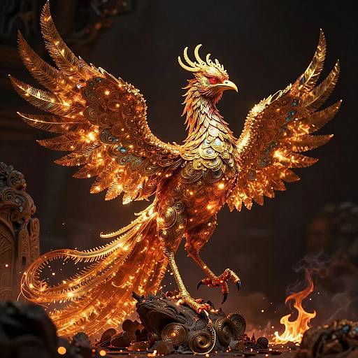 Photograph of a radiant, golden phoenix sculpture with intricate, glowing designs, fiery eyes, and outstretched wings, set against a dark, fiery