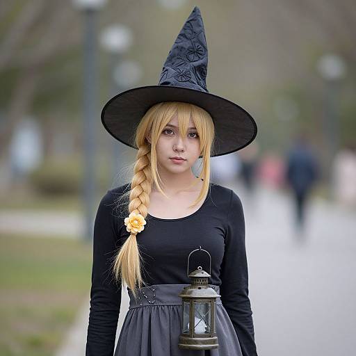 Photograph of a young blonde woman in a black witch hat and long braid, black long-sleeve top, holding a lantern, standing on