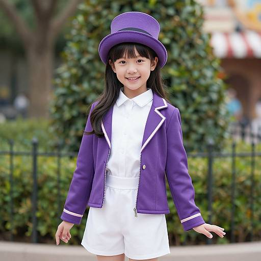 Photograph of a young Asian girl with long black hair, wearing a purple top hat, purple jacket, and white dress, smiling outdoors against a blurred