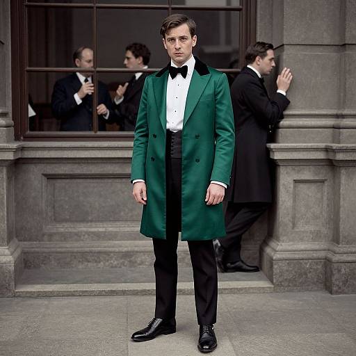 Photograph of a young, handsome Caucasian man in a dark green overcoat, black tuxedo, and bow tie, standing in front of a