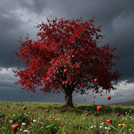 Photograph of a vibrant red-leaved tree with apples, standing in a colorful meadow under dramatic, dark gray storm clouds.
