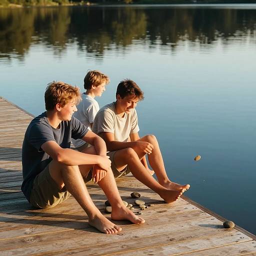 Three teenage boys sit barefoot on a wooden dock by a calm lake, wearing casual clothes, looking at the water. Photograph.