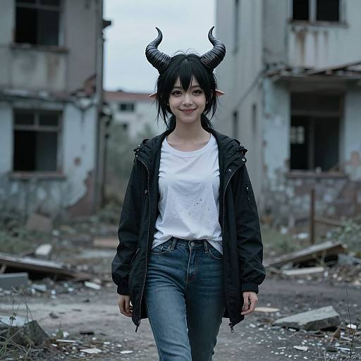 Photograph of a smiling woman with black horns, black jacket, white shirt, and blue jeans, walking through a dilapidated, abandoned building.