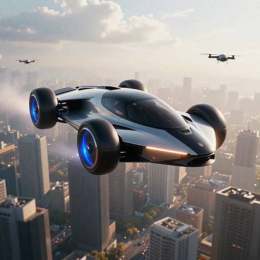 Futuristic Flying Car Over Cityscape