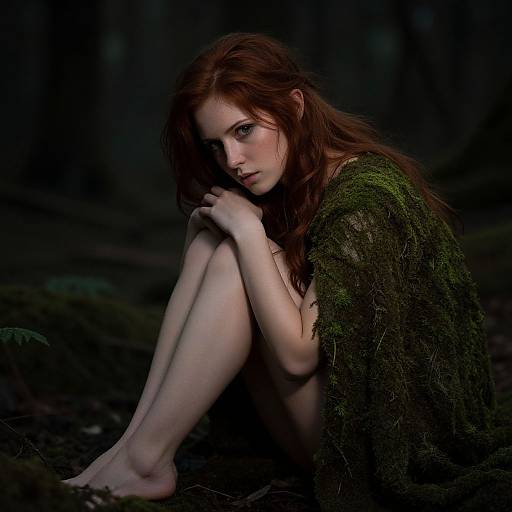 Photograph of a pale-skinned, red-haired woman with green moss-covered cloak, sitting alone in a dark, dense forest, looking pensively to