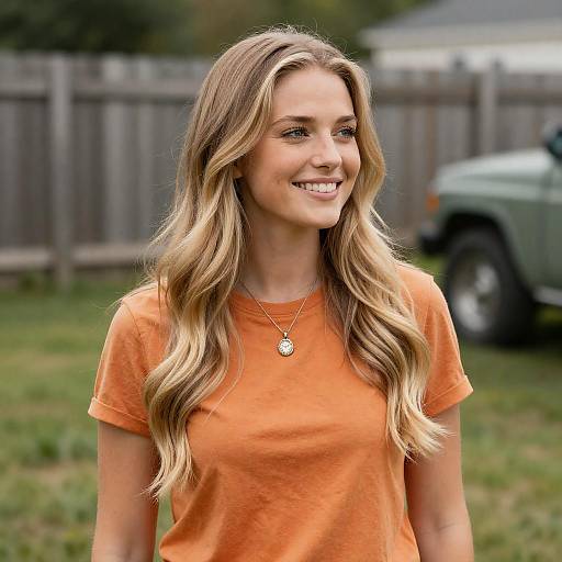 Smiling Woman in Orange T-Shirt Outdoors