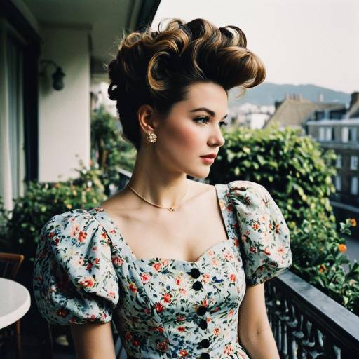 Woman with Wavy Quiff Hairstyle in Vintage Floral Dress