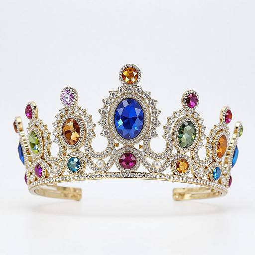 Vibrant crown with colorful gemstones, including blue, orange, green, red, and purple, set in intricate gold and diamond designs. Phot