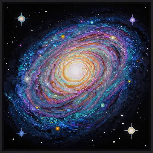 Digital pixel art of a vibrant, multicolored spiral galaxy with glowing center, surrounded by stars and surrounded by deep space.