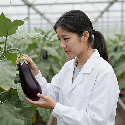 Photograph of an Asian woman with black hair in a ponytail, wearing a white lab coat, inspecting a large purple eggplant in a greenhouse