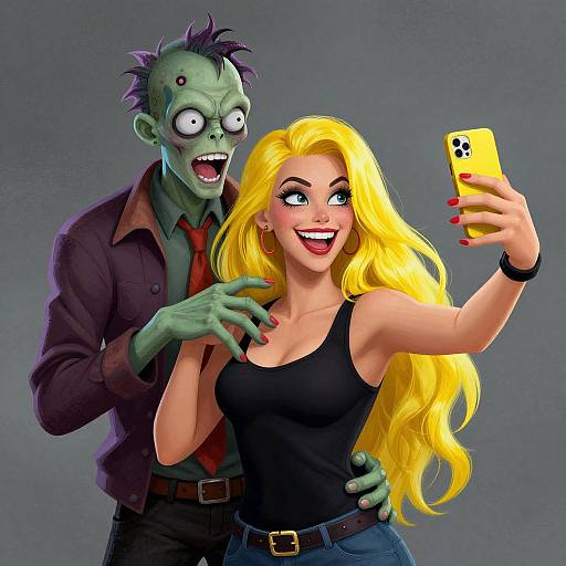 Digital artwork of a green-skinned zombie with spiky hair, wide eyes, and red tie, standing behind a smiling blonde woman with long hair,