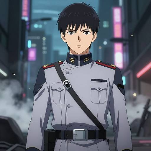 Anime-style digital drawing of a serious young man in a white military uniform with black and red accents, standing in a neon-lit, futuristic city street