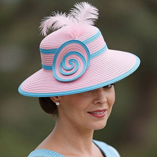 Photograph of a smiling woman in a pink and blue straw hat with white feathers, pearl earrings, and a matching blue polka dot dress, against