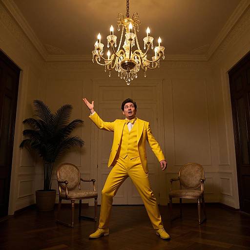Photograph of a man in a bright yellow suit, black hair, gesturing with one hand, standing in a dimly lit, elegant room with