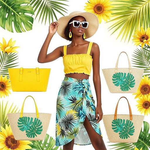 Photograph of a dark-skinned woman in a yellow crop top, blue floral skirt, white sunhat, and white sunglasses, surrounded by sunflowers