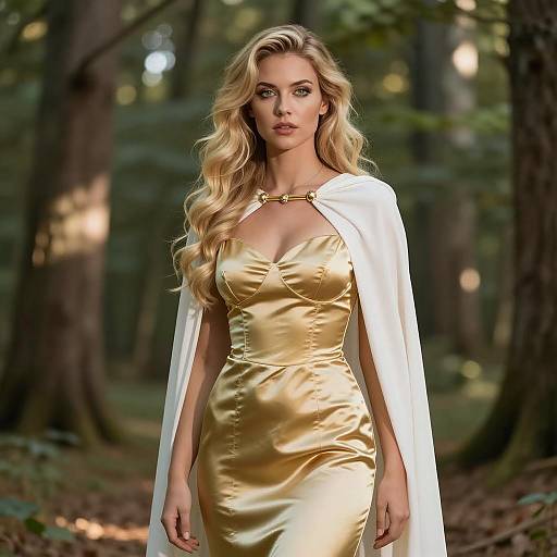 Elegant Woman in Golden Dress and White Cape in Forest