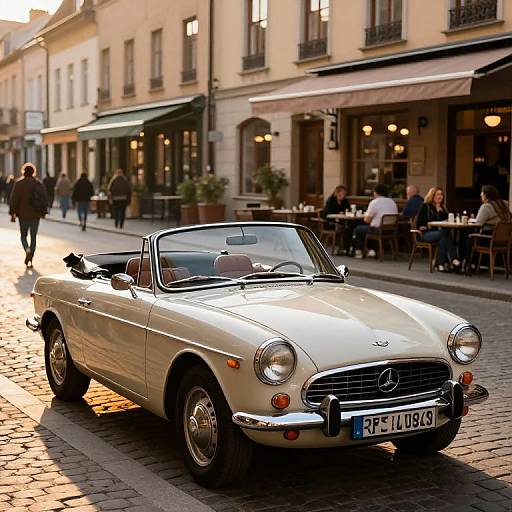 Photograph of a classic white convertible Alfa Romeo driving on a cobblestone street in a European village at sunset, with people dining at outdoor cafes