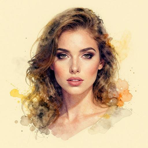 Digital watercolor portrait of a beautiful young woman with wavy brown hair, fair skin, green eyes, and pink lips, set against a yellow-