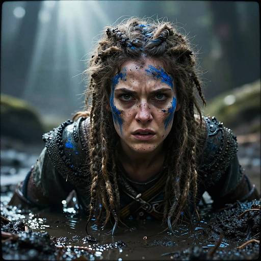 Warrior Woman Emerging from Mud with Blue Face Paint