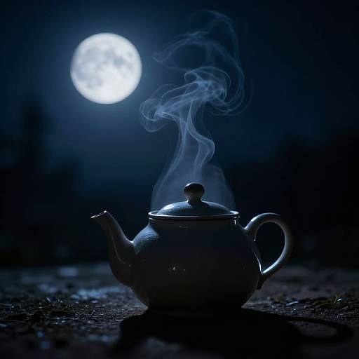 Photograph of a silhouetted, steaming teapot under a bright full moon in a dark, blue-hued night sky. Ethereal